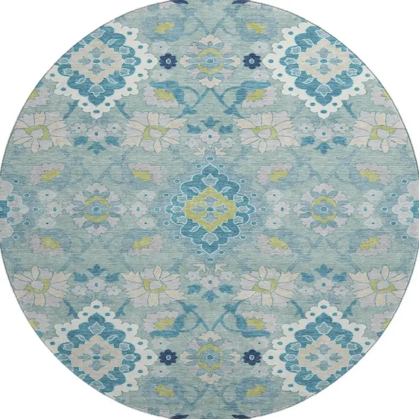 8' Teal Ivory And Beige Oriental Washable Round Rug With UV Protection Photo 2