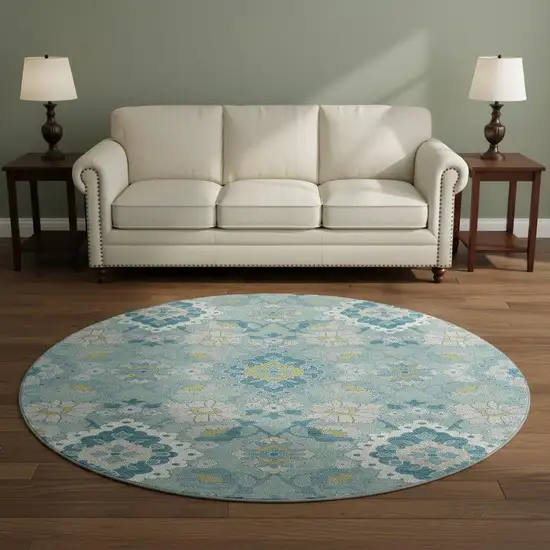 8' Teal Ivory And Beige Oriental Washable Round Rug With UV Protection Photo 2