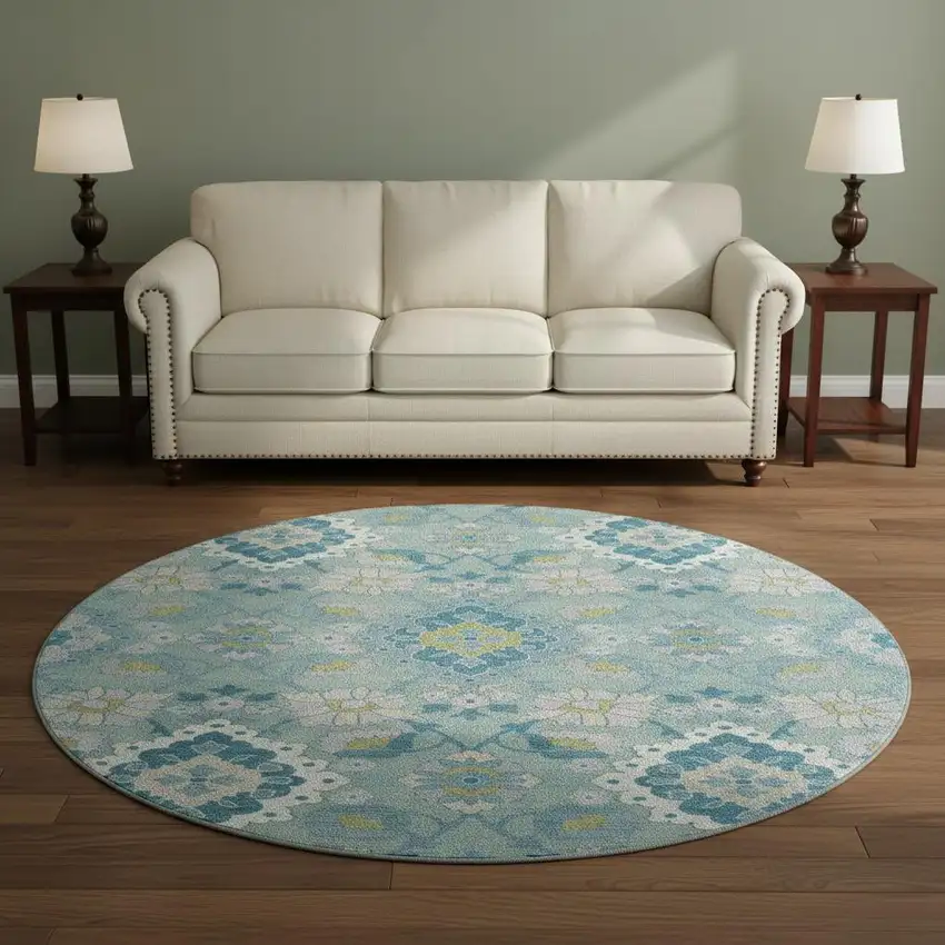 8' Teal Ivory And Beige Oriental Washable Round Rug With UV Protection Photo 2