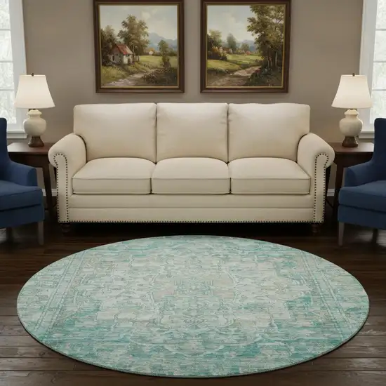 8' Teal Ivory And Beige Oriental Washable Round Rug With UV Protection Photo 2