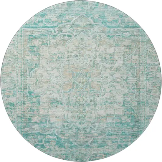 8' Teal Ivory And Beige Oriental Washable Round Rug With UV Protection Photo 4