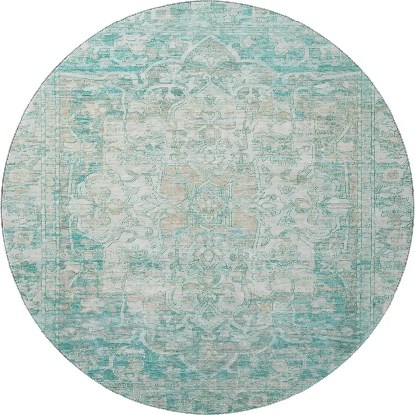 8' Teal Ivory And Beige Oriental Washable Round Rug With UV Protection Photo 4