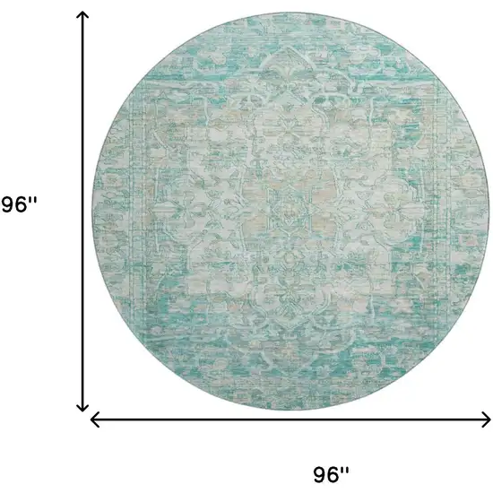 8' Teal Ivory And Beige Oriental Washable Round Rug With UV Protection Photo 9
