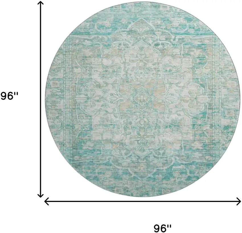 8' Teal Ivory And Beige Oriental Washable Round Rug With UV Protection Photo 9