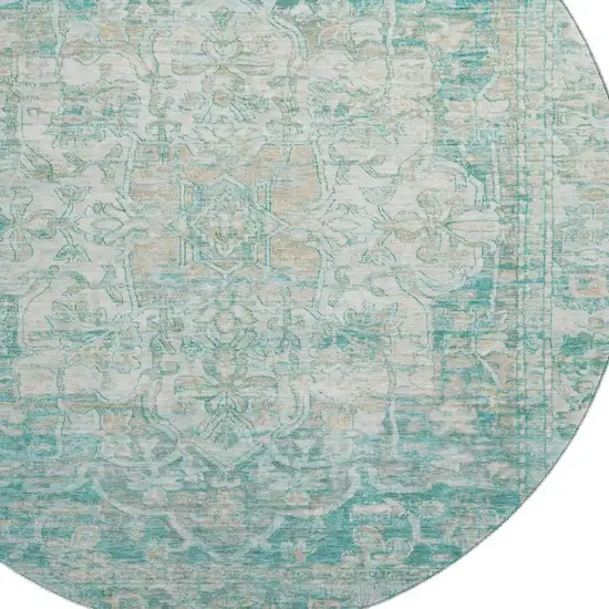 8' Teal Ivory And Beige Oriental Washable Round Rug With UV Protection Photo 2