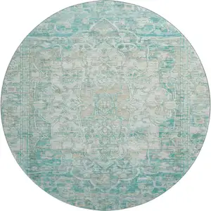 Photo of 8' Teal Ivory And Beige Oriental Washable Round Rug With UV Protection