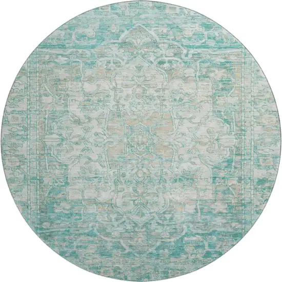8' Teal Ivory And Beige Oriental Washable Round Rug With UV Protection Photo 1