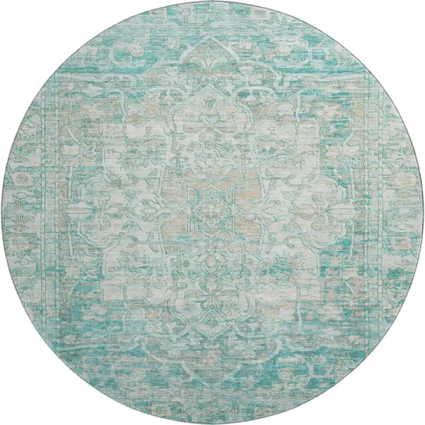8' Teal Ivory And Beige Oriental Washable Round Rug With UV Protection Photo 1