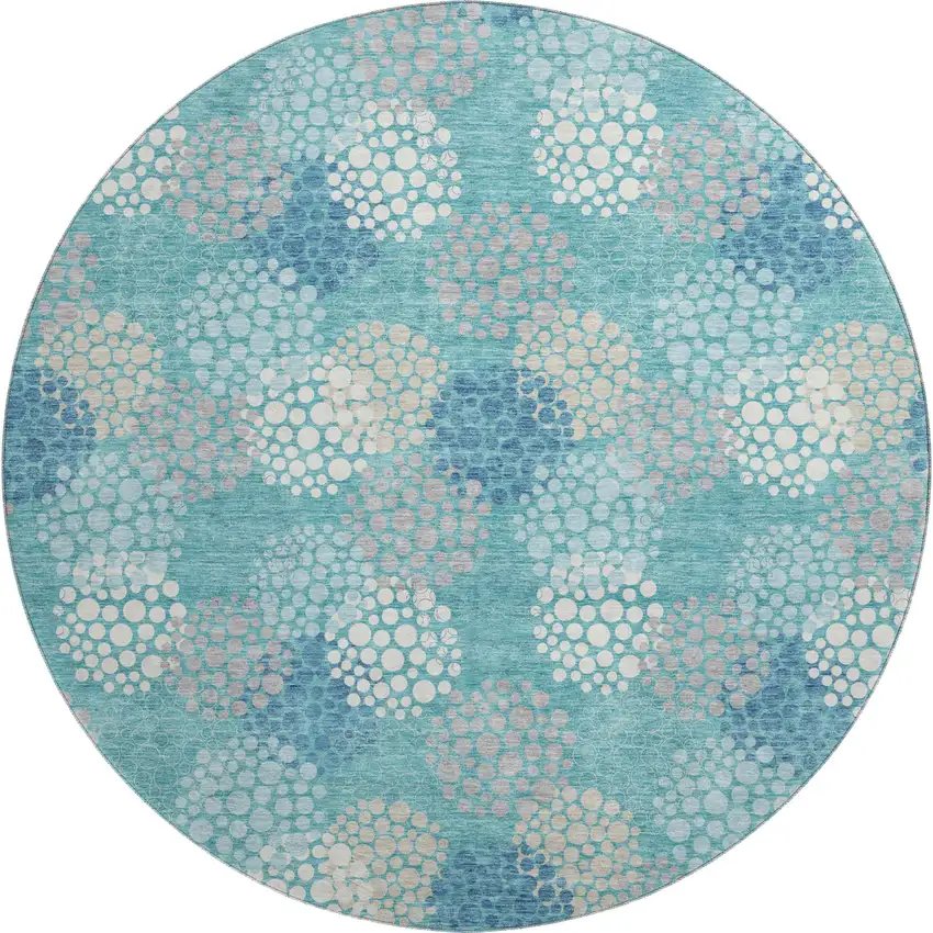 8' Teal Ivory And Beige Polka Dot Washable Round Rug With UV Protection Photo 1