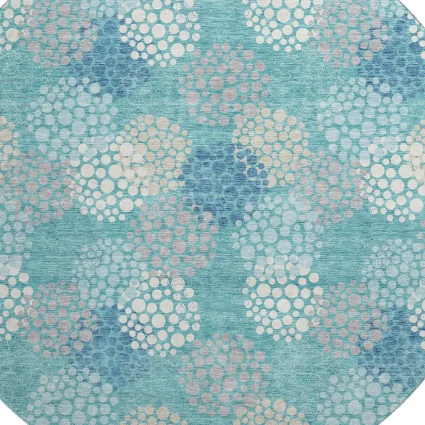 8' Teal Ivory And Beige Polka Dot Washable Round Rug With UV Protection Photo 3