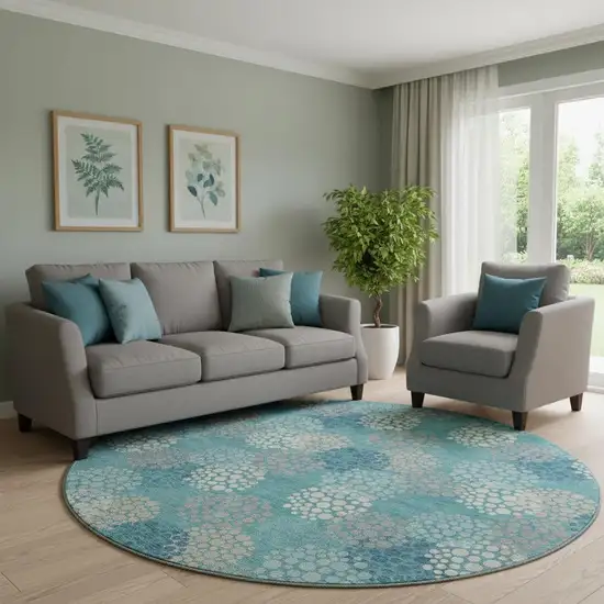 8' Teal Ivory And Beige Polka Dot Washable Round Rug With UV Protection Photo 1