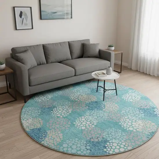 8' Teal Ivory And Beige Polka Dot Washable Round Rug With UV Protection Photo 2