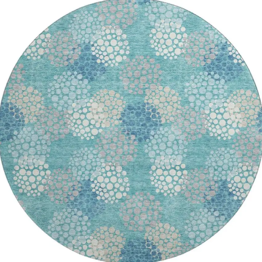 8' Teal Ivory And Beige Polka Dot Washable Round Rug With UV Protection Photo 4