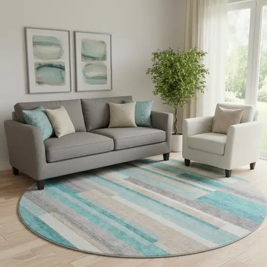 8' Teal Ivory And Beige Striped Washable Round Rug With UV Protection Photo 1