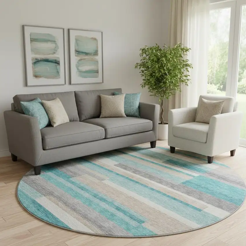 8' Teal Ivory And Beige Striped Washable Round Rug With UV Protection Photo 1