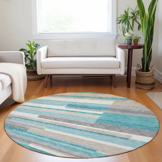 8' Teal Ivory And Beige Striped Washable Round Rug With UV Protection Photo 5