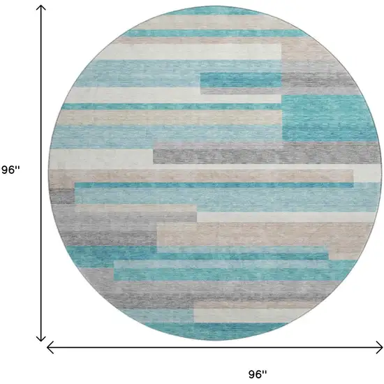 8' Teal Ivory And Beige Striped Washable Round Rug With UV Protection Photo 3