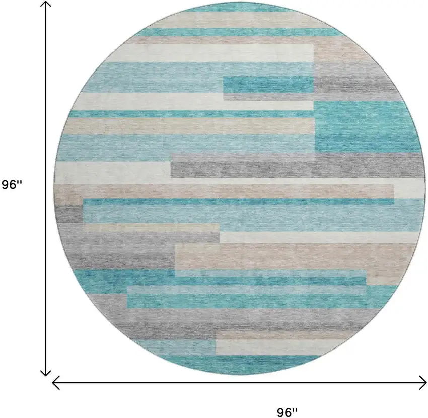 8' Teal Ivory And Beige Striped Washable Round Rug With UV Protection Photo 3