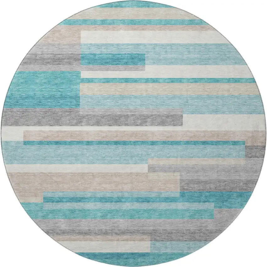 8' Teal Ivory And Beige Striped Washable Round Rug With UV Protection Photo 4