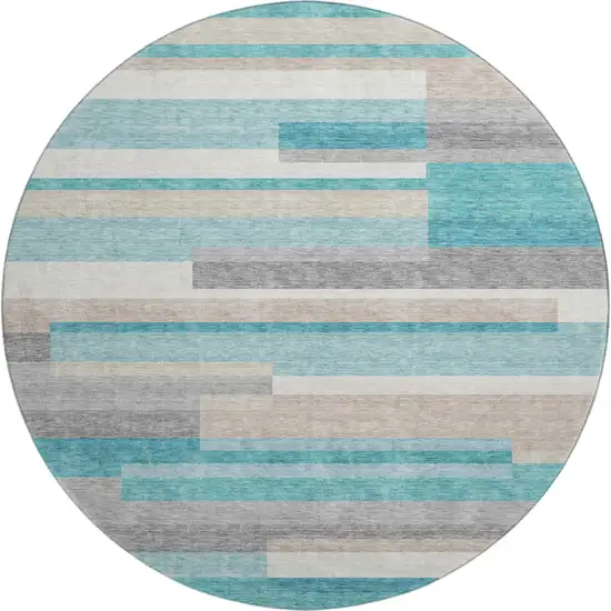 8' Teal Ivory And Beige Striped Washable Round Rug With UV Protection Photo 1