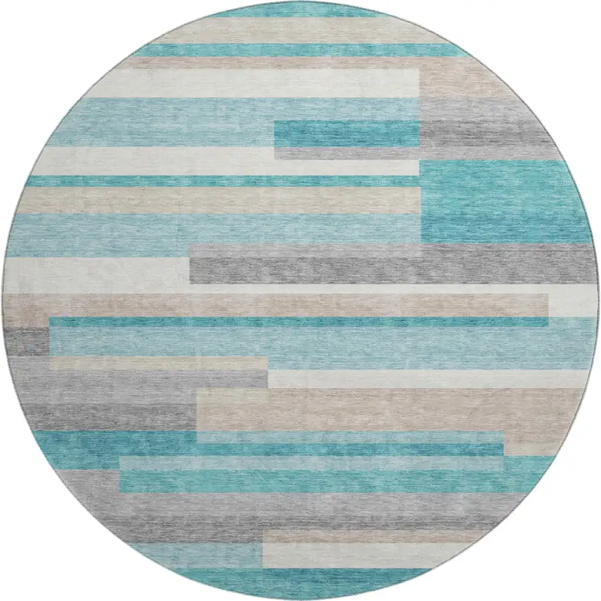 8' Teal Ivory And Beige Striped Washable Round Rug With UV Protection Photo 1