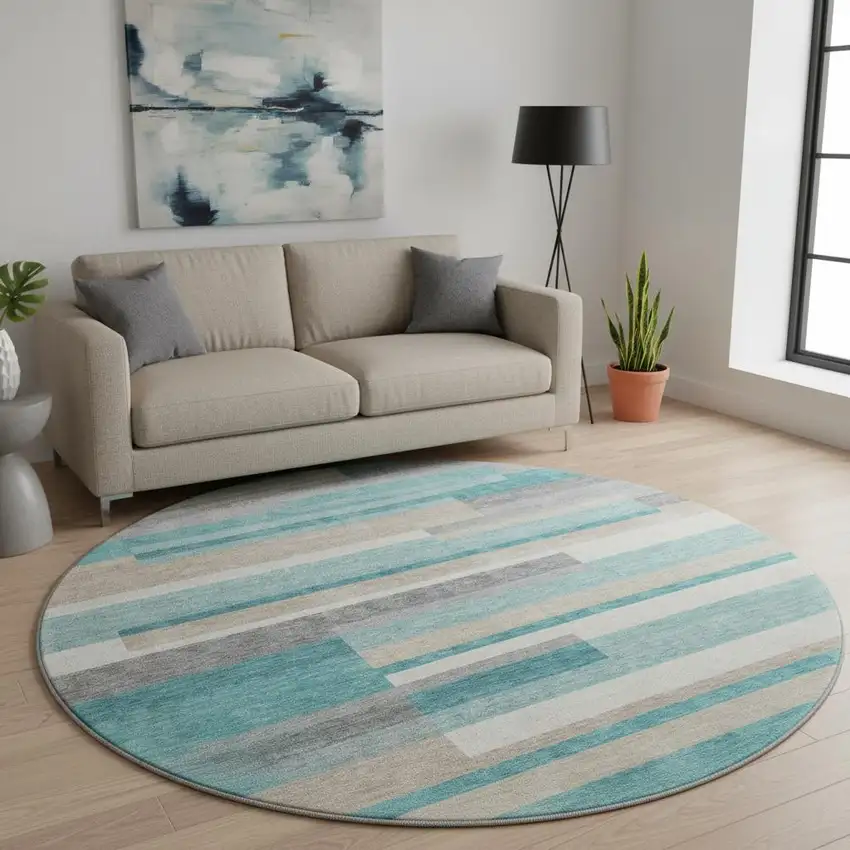 8' Teal Ivory And Beige Striped Washable Round Rug With UV Protection Photo 2