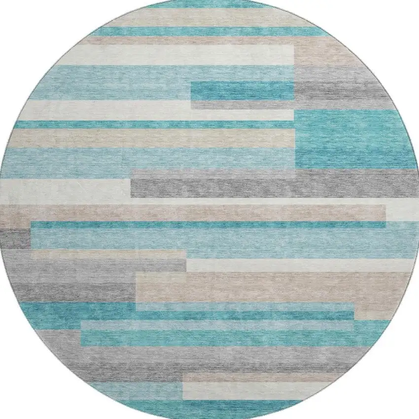 8' Teal Ivory And Beige Striped Washable Round Rug With UV Protection Photo 3