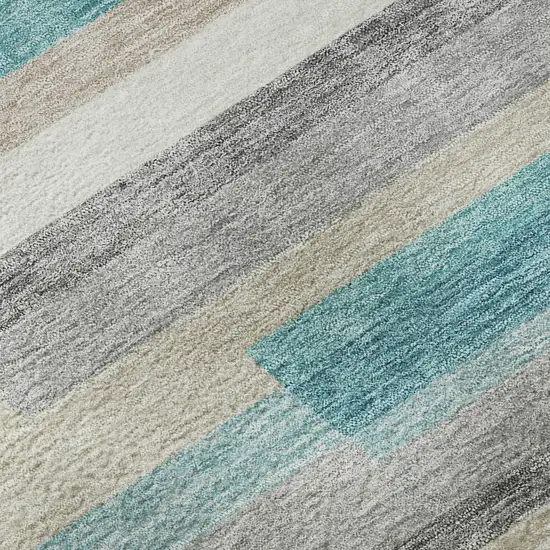 8' Teal Ivory And Beige Striped Washable Round Rug With UV Protection Photo 9