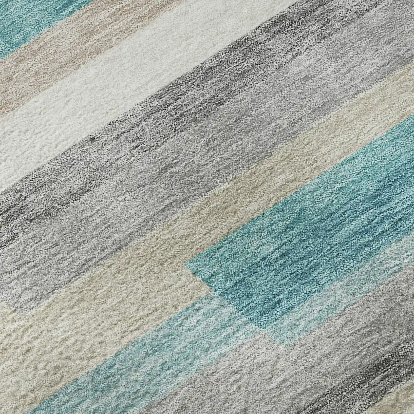 8' Teal Ivory And Beige Striped Washable Round Rug With UV Protection Photo 9