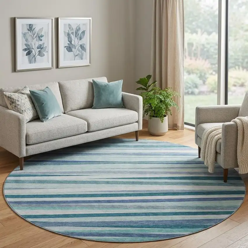 8' Teal Ivory And Blue Striped Washable Round Rug With UV Protection Photo 1