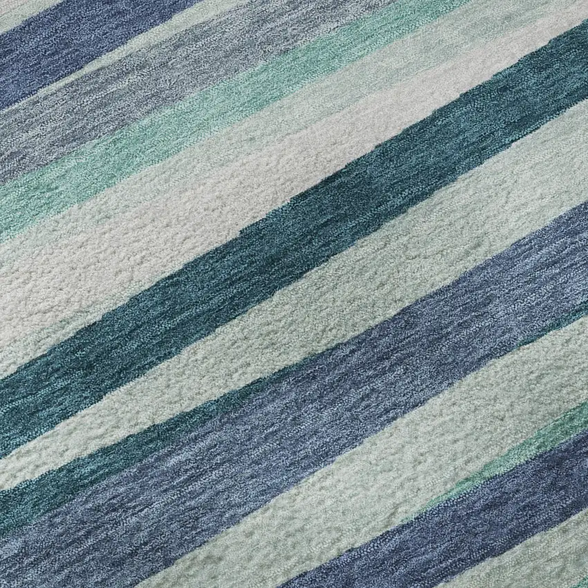 8' Teal Ivory And Blue Striped Washable Round Rug With UV Protection Photo 1