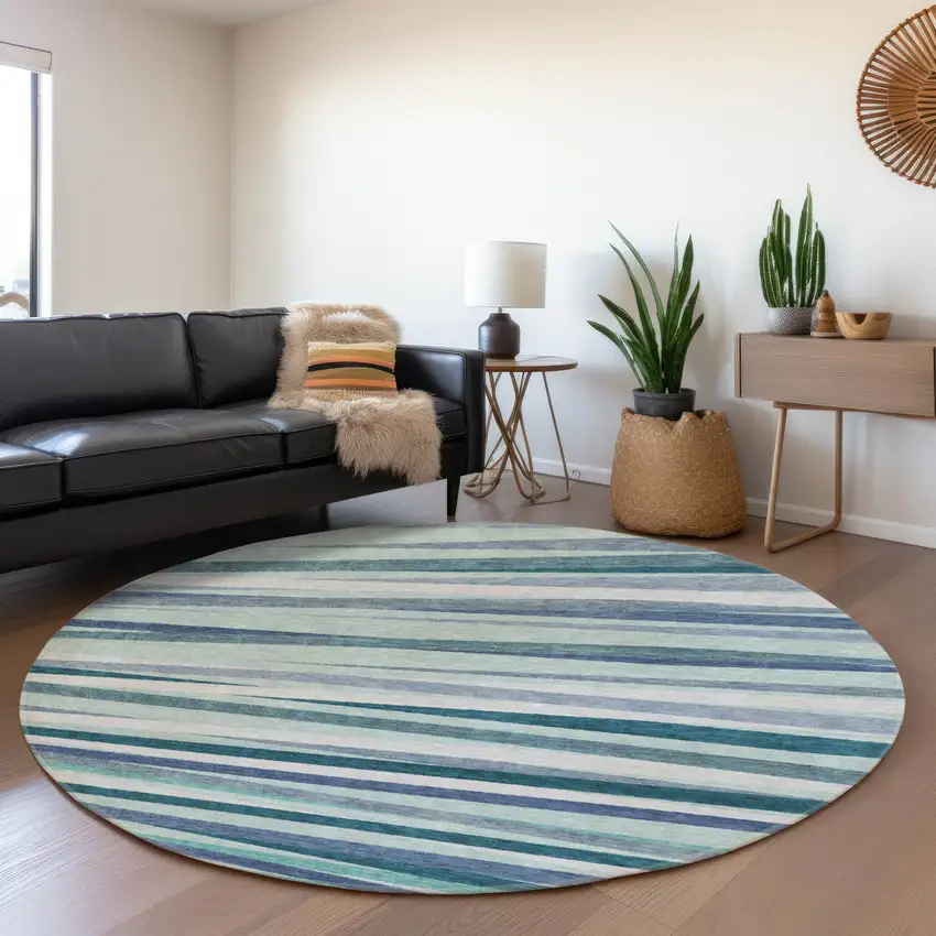 8' Teal Ivory And Blue Striped Washable Round Rug With UV Protection Photo 3
