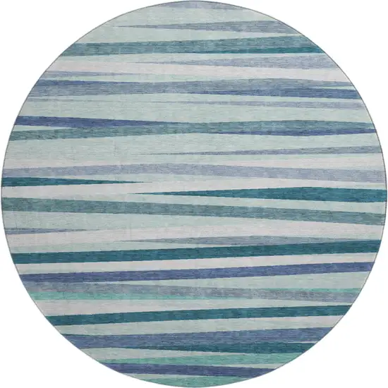 8' Teal Ivory And Blue Striped Washable Round Rug With UV Protection Photo 4