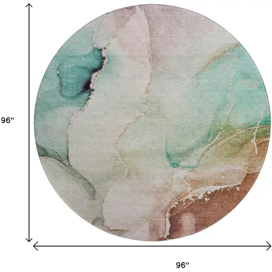 8' Teal Ivory And Brown Abstract Washable Round Rug With UV Protection Photo 9