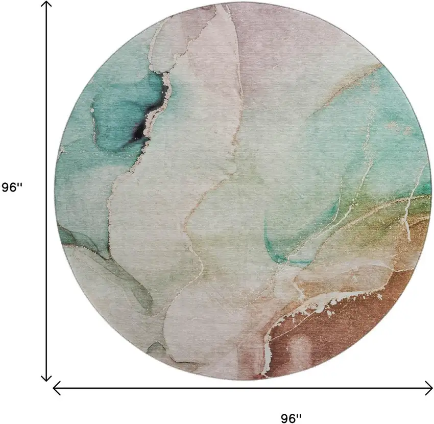 8' Teal Ivory And Brown Abstract Washable Round Rug With UV Protection Photo 9