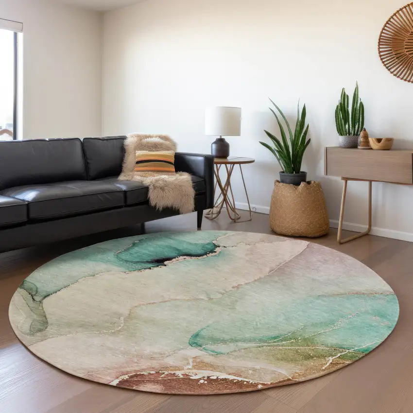 8' Teal Ivory And Brown Abstract Washable Round Rug With UV Protection Photo 4