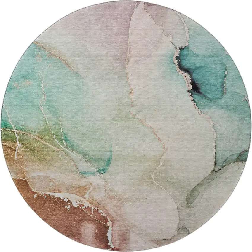 8' Teal Ivory And Brown Abstract Washable Round Rug With UV Protection Photo 3