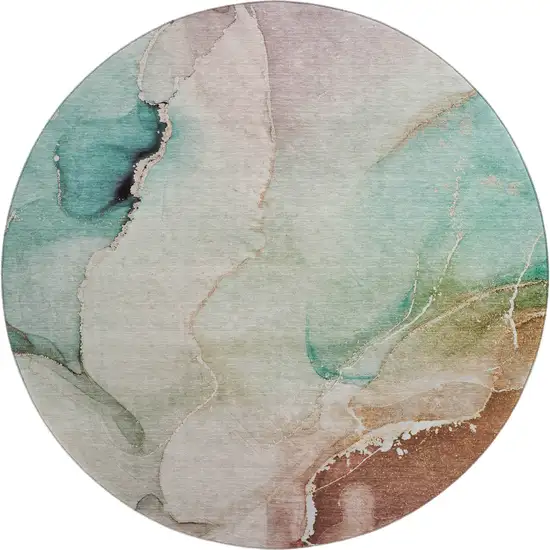 8' Teal Ivory And Brown Abstract Washable Round Rug With UV Protection Photo 1
