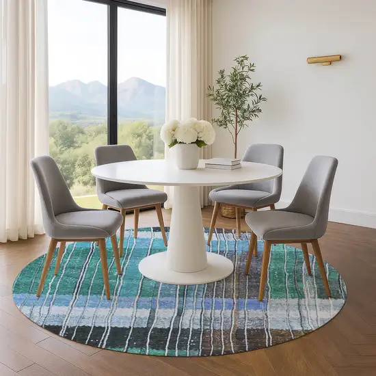 8' Teal Ivory And Brown Striped Washable Round Rug With UV Protection Photo 5