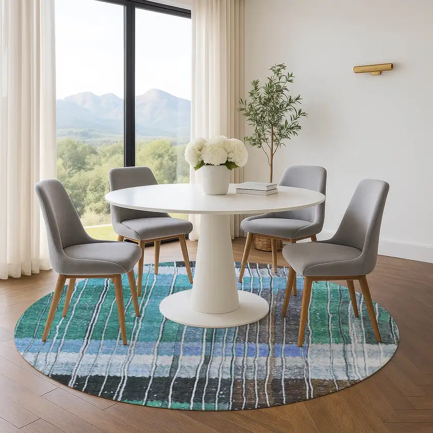 8' Teal Ivory And Brown Striped Washable Round Rug With UV Protection Photo 5