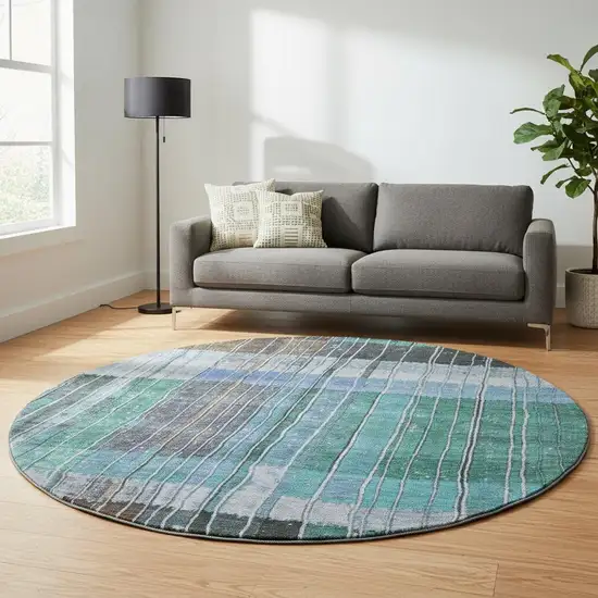 8' Teal Ivory And Brown Striped Washable Round Rug With UV Protection Photo 2