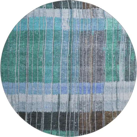 8' Teal Ivory And Brown Striped Washable Round Rug With UV Protection Photo 1