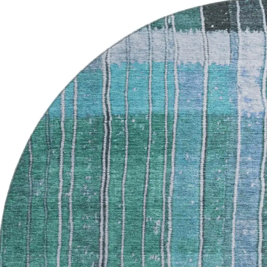 8' Teal Ivory And Brown Striped Washable Round Rug With UV Protection Photo 4