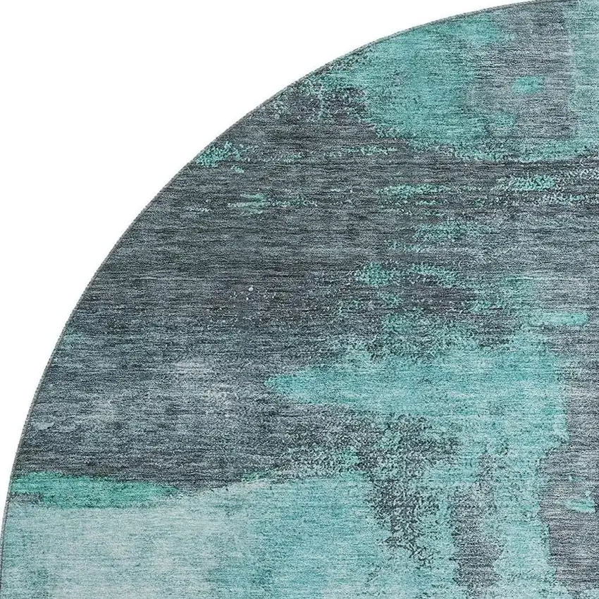 8' Teal Ivory And Charcoal Abstract Washable Round Rug With UV Protection Photo 3