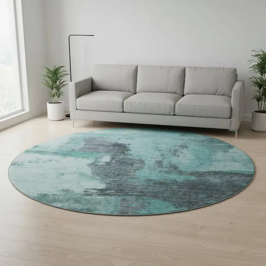 8' Teal Ivory And Charcoal Abstract Washable Round Rug With UV Protection Photo 1