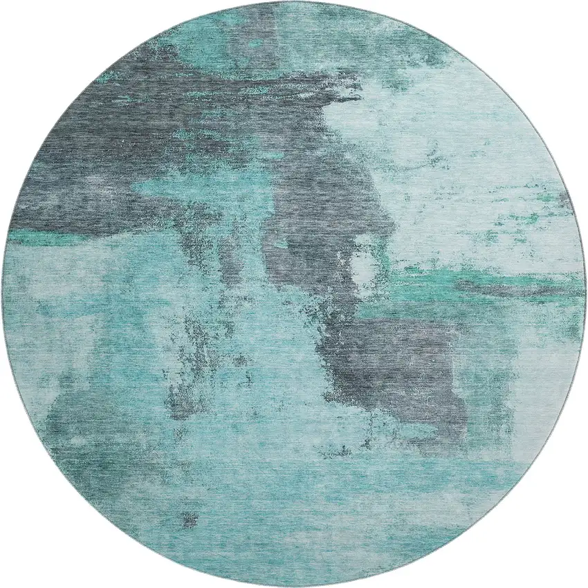 8' Teal Ivory And Charcoal Abstract Washable Round Rug With UV Protection Photo 1