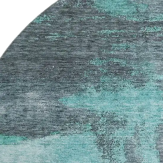 8' Teal Ivory And Charcoal Abstract Washable Round Rug With UV Protection Photo 2