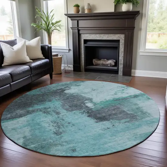 8' Teal Ivory And Charcoal Abstract Washable Round Rug With UV Protection Photo 4