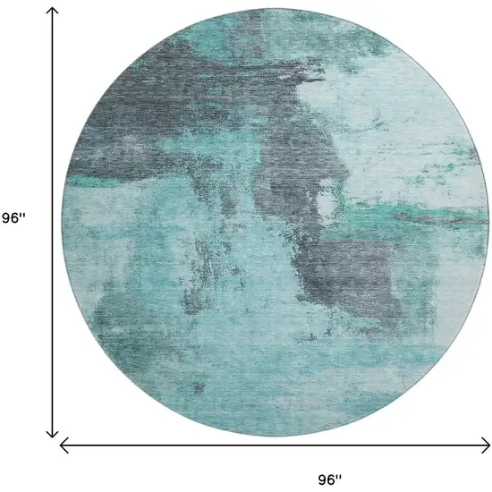 8' Teal Ivory And Charcoal Abstract Washable Round Rug With UV Protection Photo 9