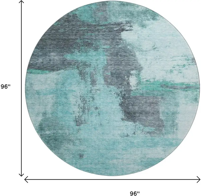8' Teal Ivory And Charcoal Abstract Washable Round Rug With UV Protection Photo 9
